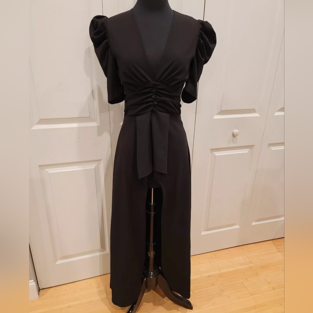 Unique Forever 21 Win Win black high low deep v ruched waist top S NWT - Picture 2 of 7